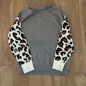 Gray Sweater with Leopard Print Sleeves